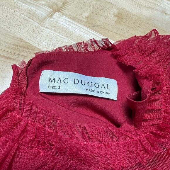 Mac Duggal NWOT Red Sequin Tiered Lace Ruffle High Neck Mesh Victorian Gown Sz 2 - Picture 4 of 8